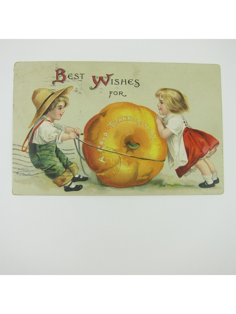 Thanksgiving Postcard Farm Boy & Girl Move Giant Pumpkin Embossed Antique 1908